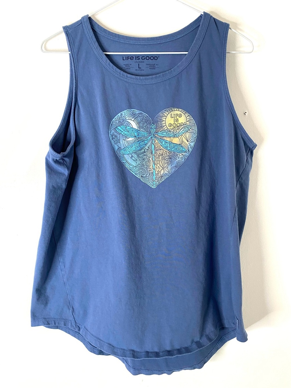 Life Is Good Blue Dragonfly Heart Graphic Tank Top 100% Cotton Crusher Top